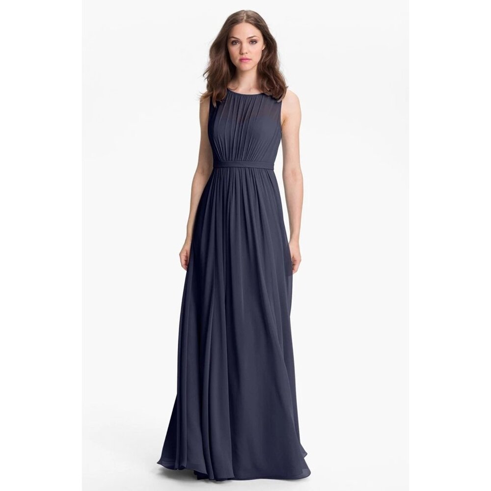 JENNY YOO Vivienne Pleated Chiffon Gown BRIDESMAID WEDDING PROM NAVY 0